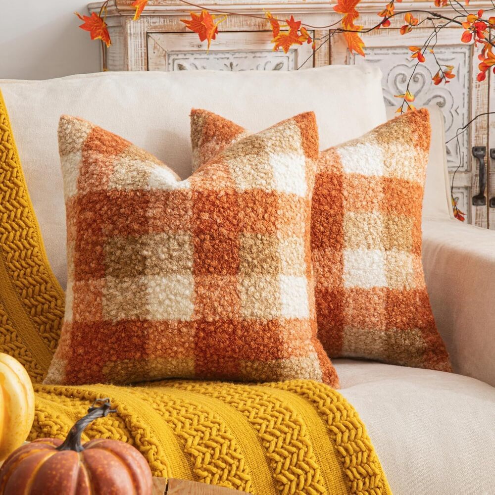 Plaid Fall Throw Pillow Covers Orange 18x18 Inch Set of 2